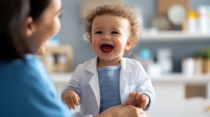 A young child wearing a white coat smiles brightly in a medical setting, symbolizing happiness and health in a nurturing environment with a caring doctor nearby.