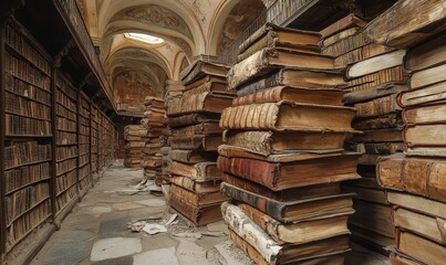 Fototapeta premium Ancient bookshelves, decaying tomes, aged library.