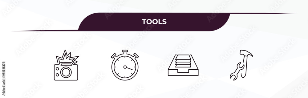 Poster fully editable outline icon collection from tools concept. thin line icons set such as camera with f