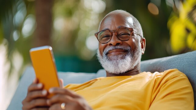 A joyful man with glasses and a beard enjoying a moment of relaxation while using his smartphone outdoors, showcasing happiness and technology together.