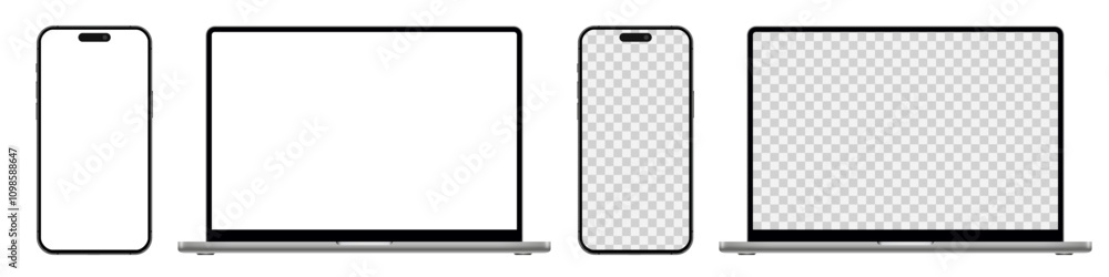 Poster Laptop computer and smartphone with blank screen, modern mobile phone and pc device mockup with empty display for ui, ux, app, website, devices on transparent background