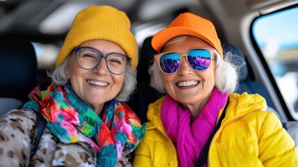 Two seniors dressed in colorful winter attire and hats are sitting inside a vehicle. They exhibit a fun and adventurous spirit amidst a lively outing.