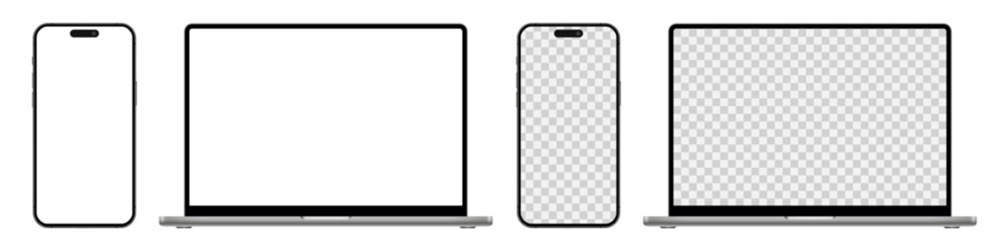 Laptop computer and smartphone with blank screen, modern mobile phone and pc device mockup with empty display for ui, ux, app, website, devices on transparent background