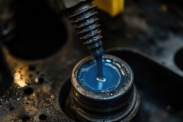 Close-up shot of blue liquid flowing from metal faucet