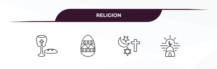fully editable outline icon collection from religion concept. thin line icons set such as communion, easter eggs, abrahamic, subah prayer,