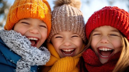 Three cheerful children wearing colorful winter hats and scarves share a joyful moment outdoors,...