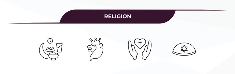 Obraz premium fully editable outline icon collection from religion concept. thin line icons set such as ramadan iftar, lion of judah, faith, yarmulke,