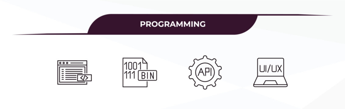 fully editable outline icon collection from programming concept. thin line icons set such as code listing, binary file, api, ux de,