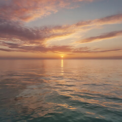 Naklejka premium Peach Sunset Over Tranquil Ocean with Pastel Clouds Above Horizon