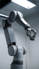 A modern robotic arm in a clean, industrial environment. The arm features multiple joints and a gripper, showcasing advanced technology and design.