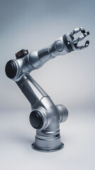 A sleek, modern robotic arm with a metallic finish, featuring articulated joints and a multi-fingered gripper. The arm is positioned dynamically, showcasing its flexibility and advanced design.