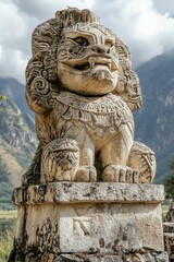 Fototapeta premium Ancient stone lion statue, mountain backdrop.