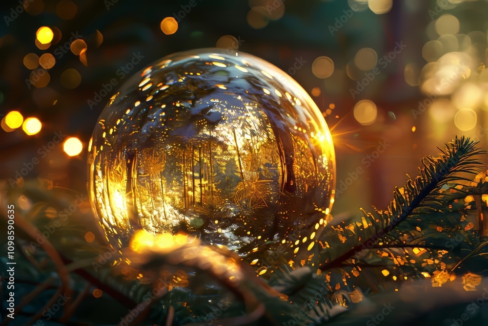 Poster a shiny, golden ball with a beautiful reflection of trees on it. the reflection is centered on the b
