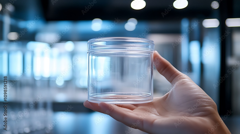Poster scientist holding empty container in laboratory setting