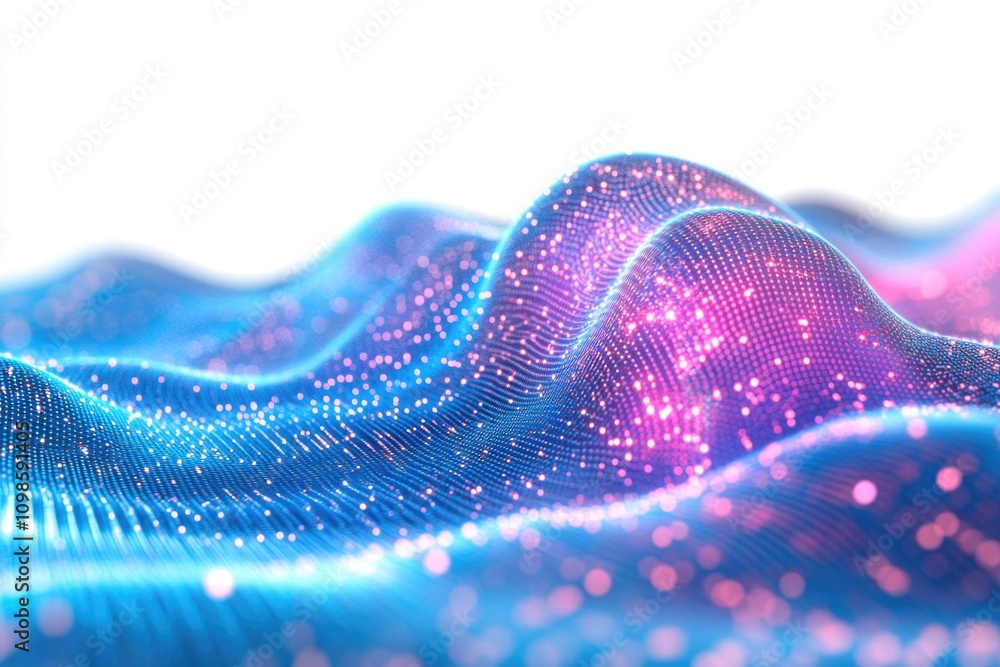 Poster an abstract representation of a wave with blue and pink lights, ideal for use in futuristic or techn
