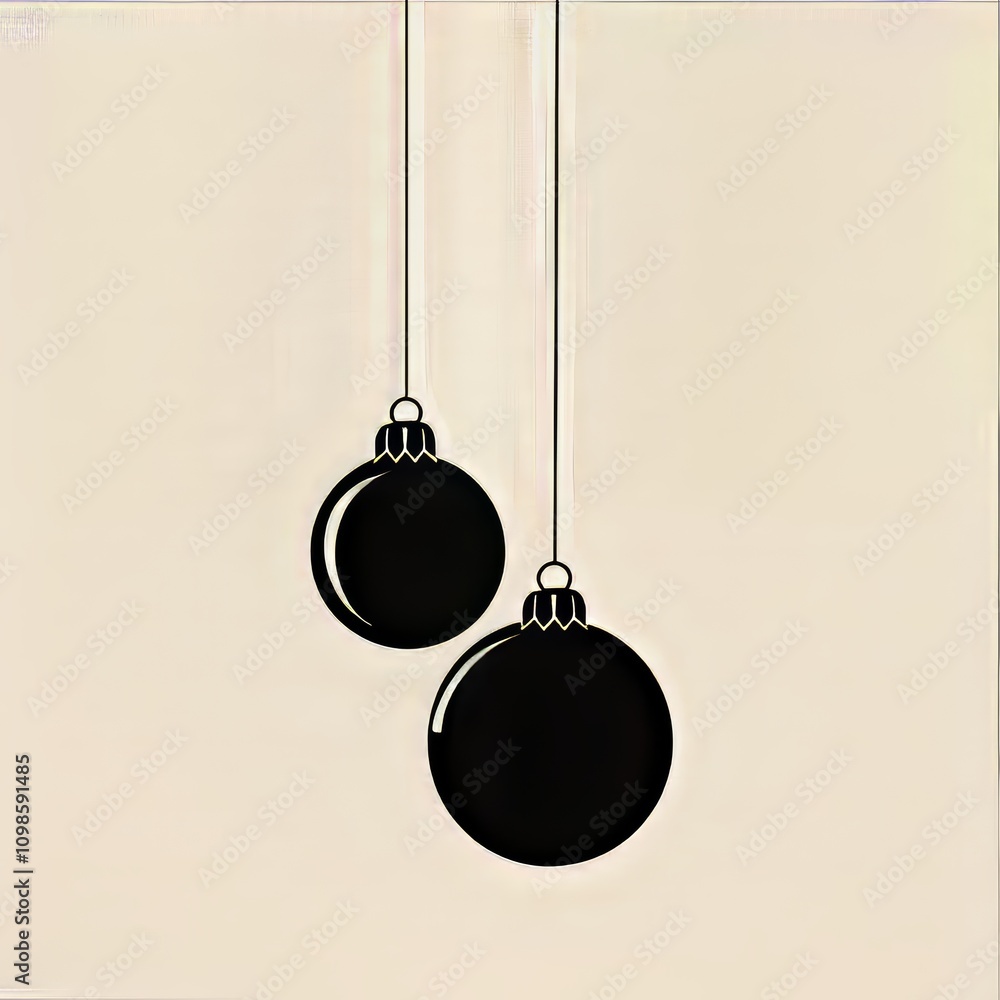 Poster two shiny black ornaments are hanging from a string that is attached to a wall. the ornaments are su