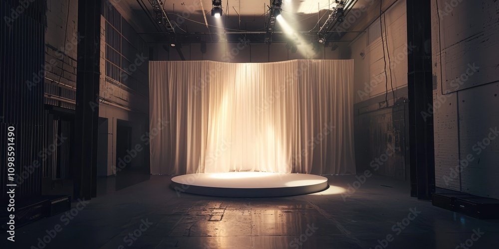 Poster an empty stage with dramatic lighting and curtains in an industrial setting, ready for a performance