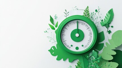 A pure white background with a green smart water meter, symbolizing advanced water management and conservation technologies, Simplified flat paper art illustration of