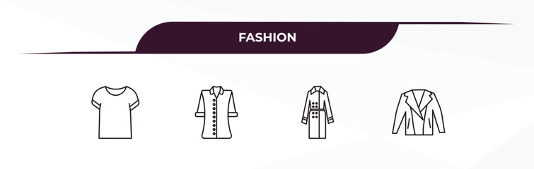 fully editable outline icon collection from fashion concept. thin line icons set such as white t shirt, blouse with buttons, coat with pockets, leather jacket,