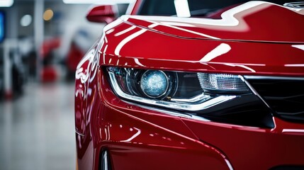 Naklejka premium Close view of a sleek red sports car highlighting its dynamic design in a modern showroom environment