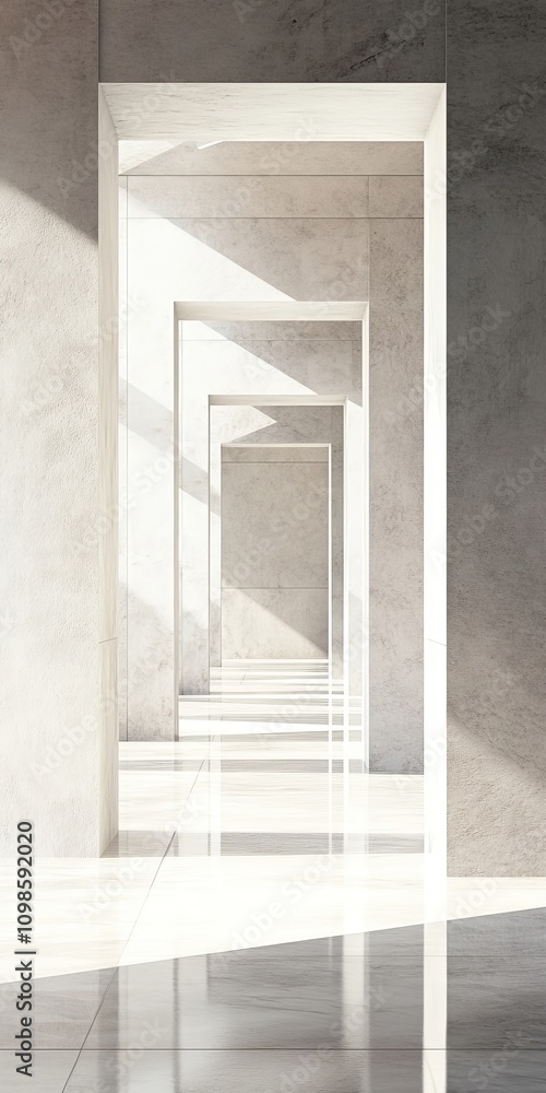 Poster sunlit concrete hallway showcasing minimalist architecture with geometric patterns and reflections.