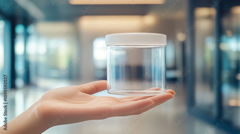 Poster scientist holding empty jar in laboratory setting