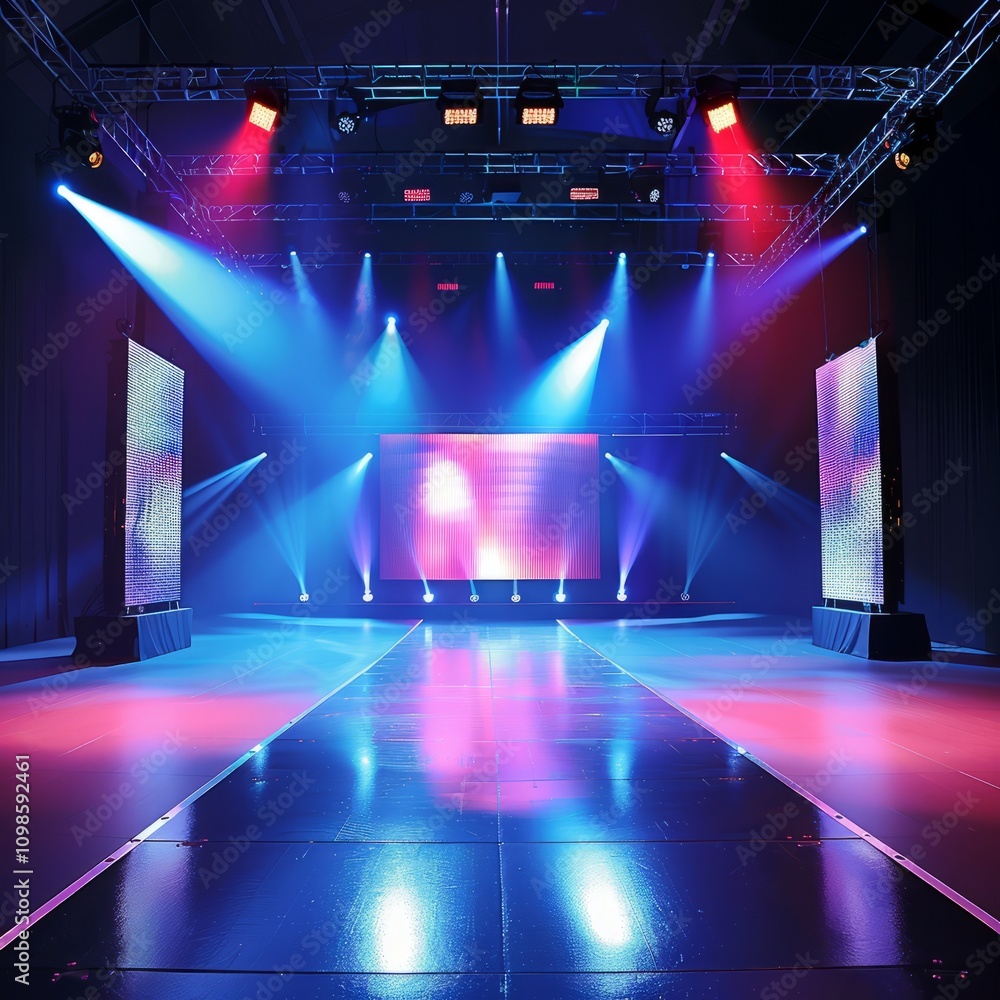 Poster a dynamic stage setup with vibrant lighting and led screens in a dark event venue, perfect for conce