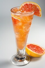 Freshly squeezed orange juice in a glass with a slice of grapefruit, perfect for breakfast or a snack