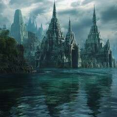 Fototapeta premium Submerged ancient city, dark water, stormy sky.