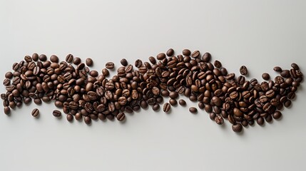 Coffee beans arranged in a wave pattern on a white background, dynamic and artistic
