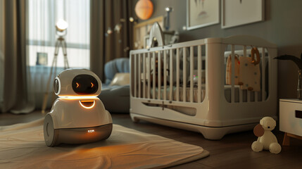 Futuristic Robot Nanny in a Nursery, Monitoring a Baby Crib, Ensuring Safety with Advanced Artificial Intelligence. Modern Take on Smart Parenting, Childcare Innovation. Image Made Using Generative AI