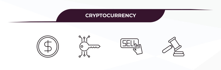 fully editable outline icon collection from cryptocurrency concept. thin line icons set such as dollar, digital key, sell, auction hammer,