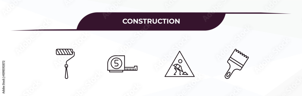 Poster fully editable outline icon collection from construction concept. thin line icons set such as roller