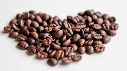 Obraz premium Coffee beans forming a heart shape on a white background, artistic arrangement
