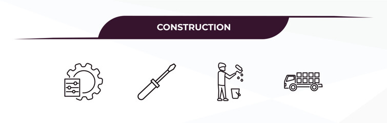 fully editable outline icon collection from construction concept. thin line icons set such as adjusment system, screwdrivers, man painting, truck with load,