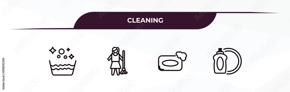 Poster fully editable outline icon collection from cleaning concept. thin line icons set such as soak, char