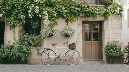 Elegant Vintage Scene: Woman in Classic Attire with Bicycle at Charming Cafe