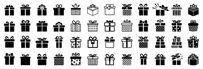 Obraz premium Present gift box set icons, collection gift signs, Christmas, New Year and birthday gift icon, surprise present box isolated
