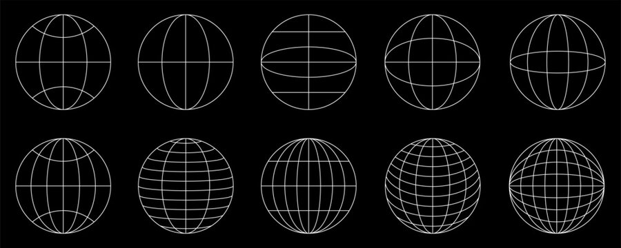 World globe grids icon set, Earth longitude and latitude line, set Earth globe hemispheres, linear striped globes - vector