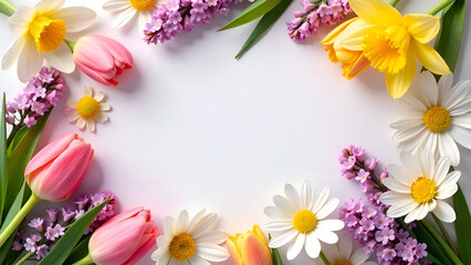 Postcard with delicate flowers. Top down view, many spring flowers, tulips, daffodils, daisies, chamomile, lilac, background made of flowers, soft light pastel colors  a poster a selective focus.