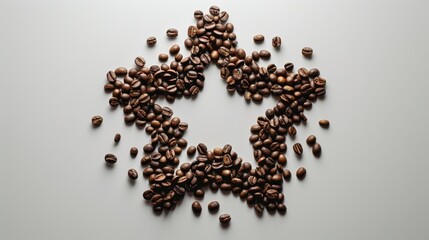 Coffee beans forming a star shape on a white backdrop, creative and artistic