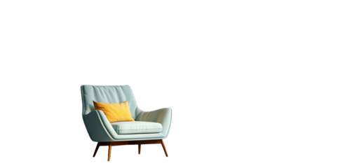 Stylish light teal armchair with mustard yellow accent pillow., cut out, PNG file