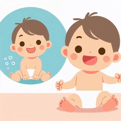 Joyful baby playing happily on the floor with a cheerful expression and friendly atmosphere