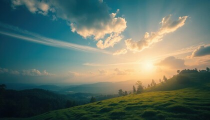 Fototapeta premium a view of a grassy hill with a sun setting in the distance