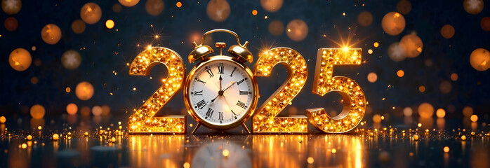 Happy New 2025 Year. Holiday background with numbers 2025. Festive poster or banner design. Selective focus. Blurred background.
