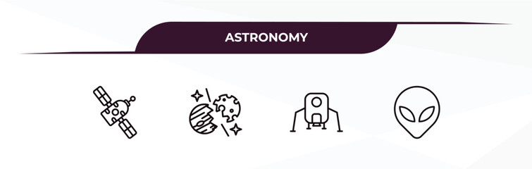fully editable outline icon collection from astronomy concept. thin line icons set such as space module, space collision, lander, extraterrestial head, © Design_Farm