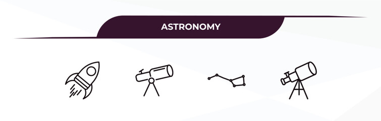 fully editable outline icon collection from astronomy concept. thin line icons set such as rocket start, telescope pointing up, big dipper, big telescope,