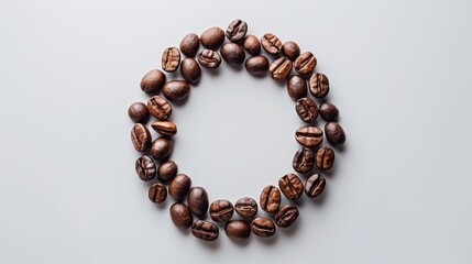 Obraz premium Coffee beans forming a circle on a white background, highlighting their shape