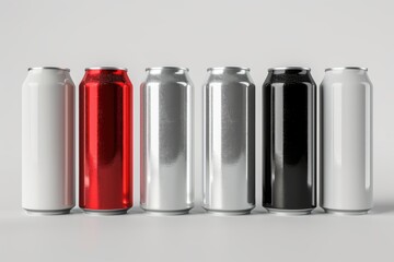 Detailed 3D illustration of aluminum slim cans in silver, white, black, and red, displayed on a white background for beer can mockup templates