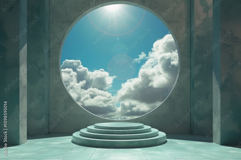 Poster a circular portal with steps opens to a bright, cloudy sky, creating a surreal and futuristic archit